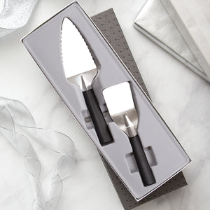 Serving Gift Set with black handles with two utensils in gift box. 
