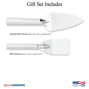 Illustration of utensils in Serving Gift Set and Made in USA and Lifetime Guarantee logos. 
