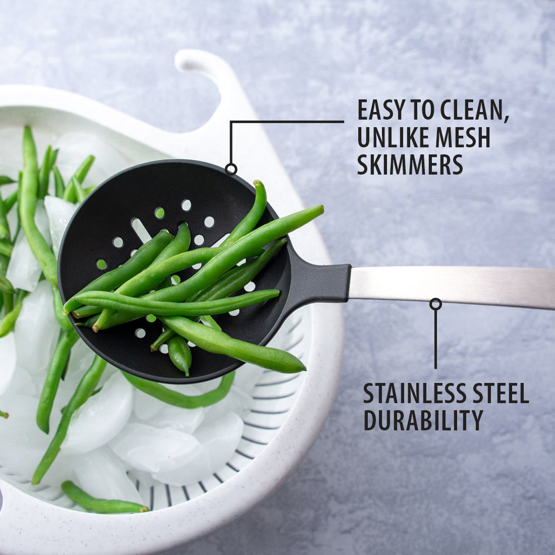 Non-scratch Skimmer straining green beans into ice and strainer.