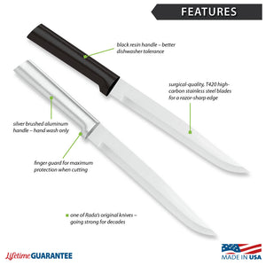 Features diagram for Slicer knife with Made in USA and Lifetime Guarantee logos. 