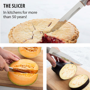 The Slicer: in kitchens for more than 50 years! Slicer cutting into a cherry pie, a cantaloupe, and an eggplant.