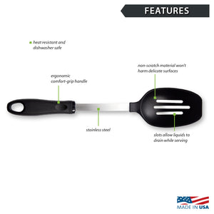 Amazing features of the Slotted Spoon, non-scratch material, ergonomic handle, and stainless steel.
