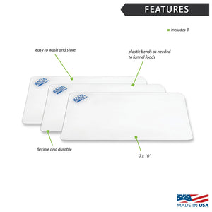 Features diagram of three small plastic cutting boards with Made in USA logo. 