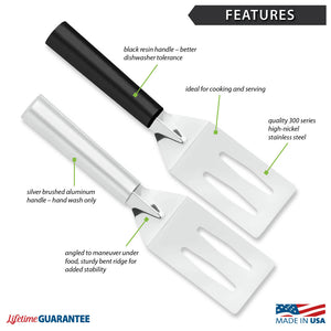 Features diagram for Spatula with Made in USA and Lifetime Guarantee logos. 