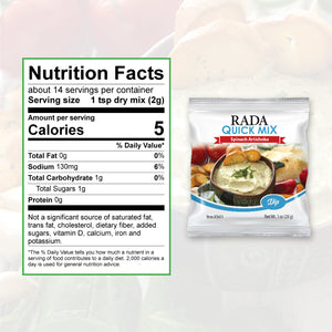 Nutrition Facts: about 16 servings per container. Serving size 1 tsp dry mix. Calories per serving 5, Sodium 130mg 