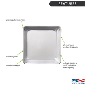 Square baking pan features. Anti-warp reinforced rolled rim, industrial grade, commercial weight.