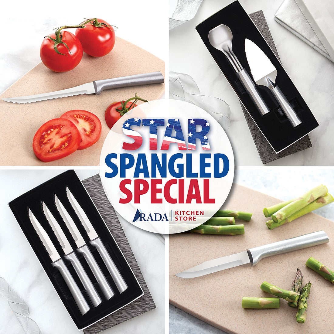 Star Spangled Special comes with a Tomato Slicer, Pie a'la Mode Set, Four Serrated Steak Set, and Regular Paring.