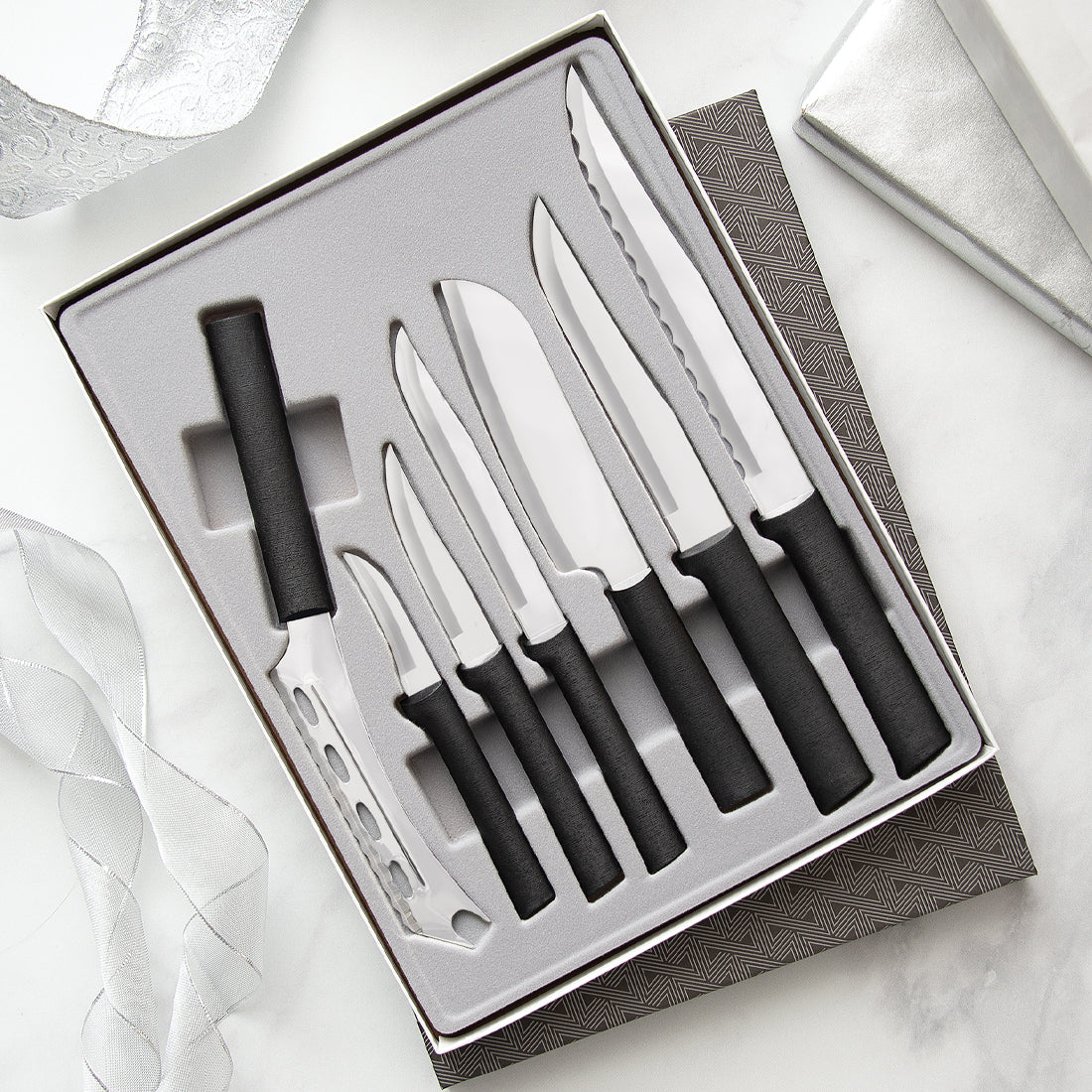 Rada Cutlery Anthem Series Serrated Knife Set Stainless Steel Dining Steak Knives with Ergonomic Black Resin Handles Set of 6