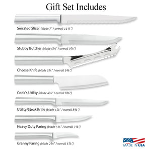 Illustration of knives in The Starter Gift Set Part 2 and Made in USA & Lifetime Guarantee logos