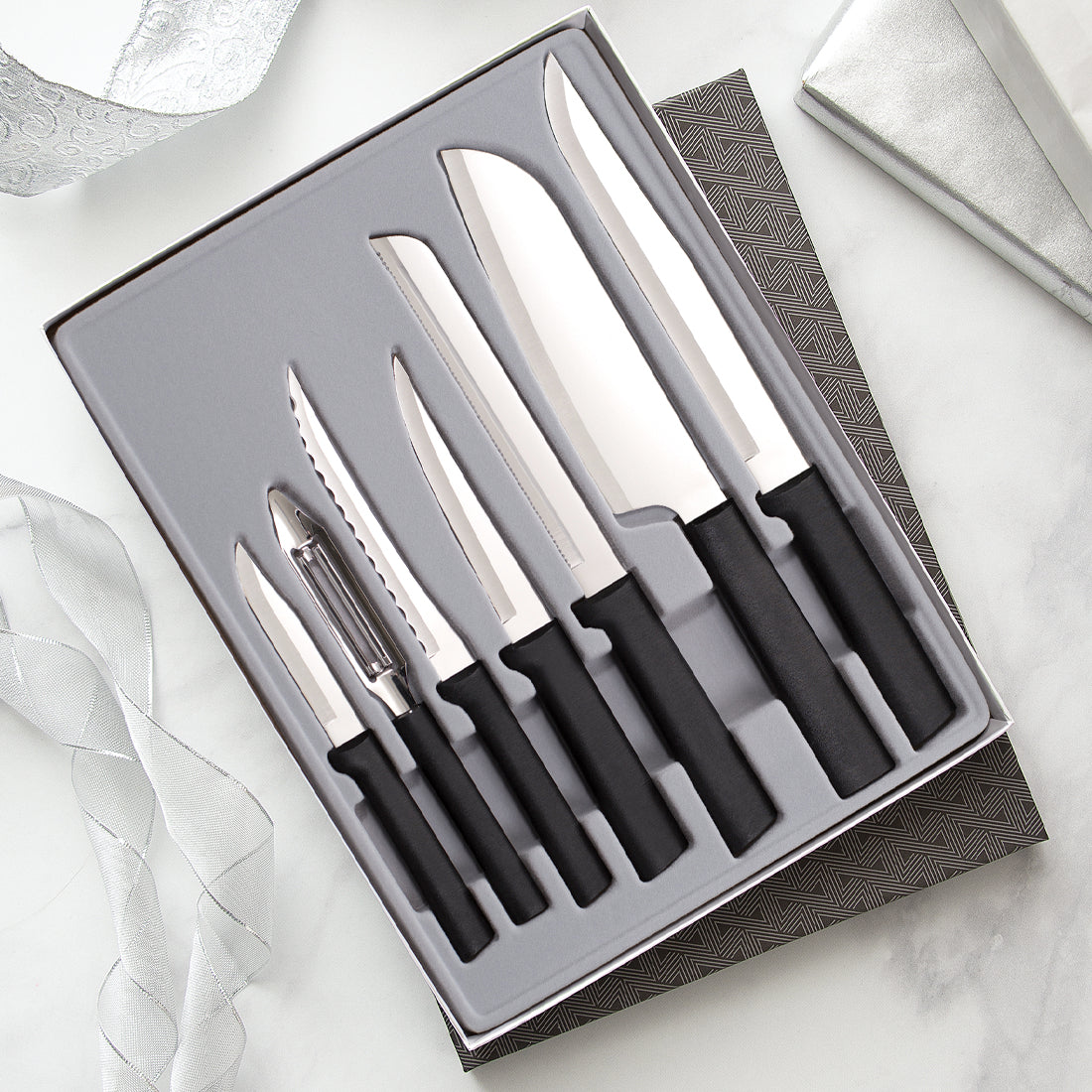 Rada Cutlery The Starter Gift Set with silver handles in a black-lined gift box.