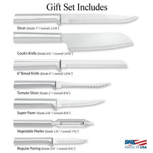 Illustration of knives in The Starter Gift Set and logos for Made in USA and Lifetime Guarantee. 