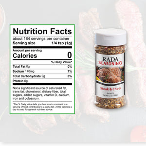 Nutrition Facts: about 184 servings per container. Serving size 1/4 tsp. Calories per serving 0, Sodium 170mg 