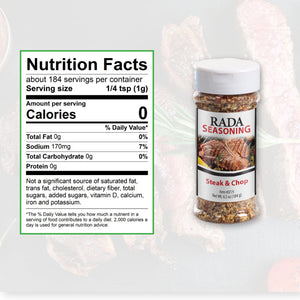 Nutrition Facts: 184 servings per container, serving size 1/4 tsp.  Calories per serving 0, total fat 0g, sodium 170 mg.