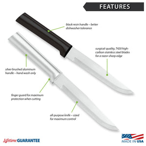 Features diagram for Stubby Butcher Knife with Made in USA and Lifetime Guarantee logos. 
