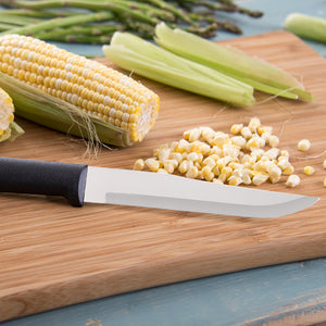 Stubby Butcher Knife with black handle on wooden cutting board with corn.