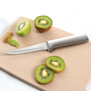 Super Parer knife with silver handle on cutting board with kiwi slices. 