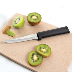 Super Parer knife with black handle with sliced kiwi. 
