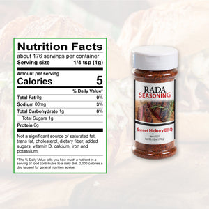Nutrition Facts: 176 servings per container, serving size 1/4 tsp.  Calories per serving 5, total fat 0g, sodium 80 mg.