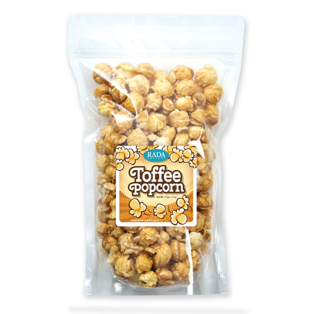 Rada Cutlery Toffee popcorn in a resealable bag.