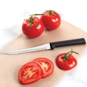 Tomato Slicer with black handle and sliced tomatoes. 