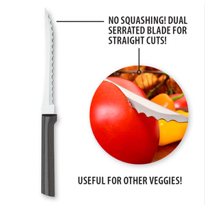 The tomato knife slicing through a tomato. No squashing! Dual serrated blade for straight cuts! Useful for other veggies!