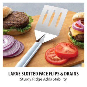 The Rada Cutlery Turnover next to hamburgers. Large slotted face flips and drains. Sturdy ridge adds stability. 