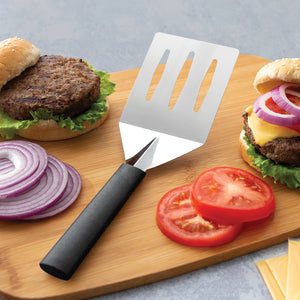 Rada Cutlery Turnover with black handle with burgers.