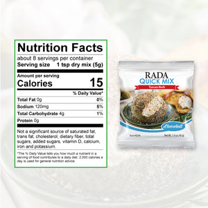 Nutrition Facts: about 8 servings per container. Serving size 1 tsp dry mix. Calories per serving 15, Sodium 120mg