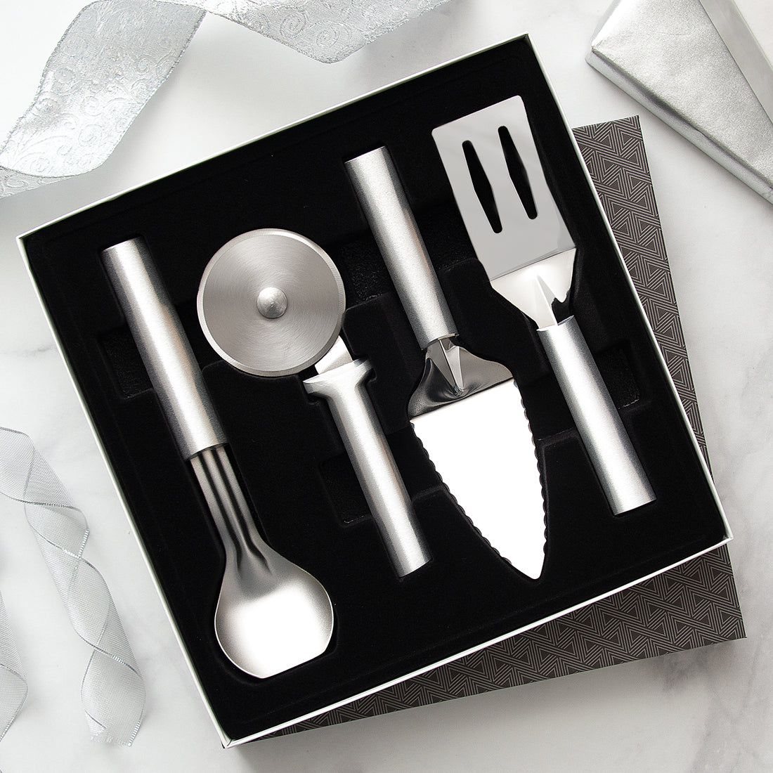 Rada Cutlery Ultimate Utensil Gift Set with silver handles in a black-lined gift box