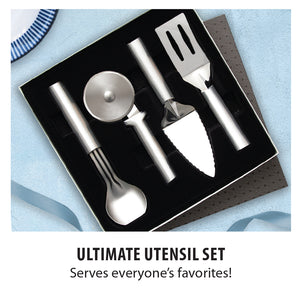 A utensil set with a pizza cutter, pie server, spatula ice cream scoop. Ultimate utensil set. Serves everyone's favorites!