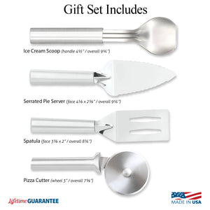 Illustration of products in Ultimate Utensil Gift Set and Made in USA & Lifetime Guarantee logos. 