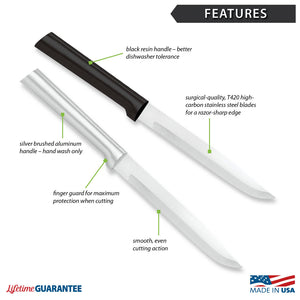 Features diagram for Utility/Steak Knife with Made in USA and Lifetime Guarantee logos. 