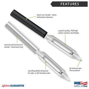 Features diagram for Vegetable Peeler with Made in USA and Lifetime Guarantee logos. 