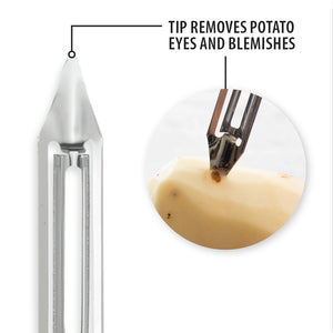 Close-up of the pointed end of the vegetable peeler. Tip removes potato eyes and blemishes. 