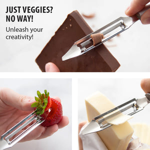 The peeler making chocolate curls, stemming a strawberry and slicing cheese. Just veggies? No way! Unleash your creativity.