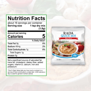 Nutrition Facts: about 16 servings per container. Serving size 1 tsp dry mix. Calories per serving 5, Sodium 40mg 