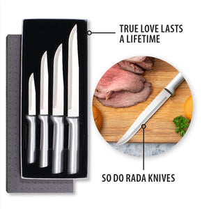 Wedding Register gift set next to a butcher knife slicing prime rib. True love lasts a lifetime, so do Rada knives. 