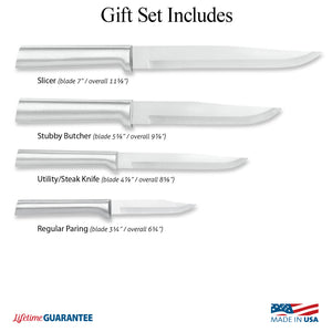 Illustration of knives in Wedding Register Gift Set and Made in USA & Lifetime Guarantee logos. 