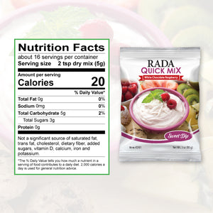 Nutrition Facts: about 16 servings per container. Serving size 2 tsp dry mix. Calories per serving 20, Carbohydrate 5g 