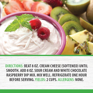 Directions: Beat cream cheese. Add sour cream and dip mix. Mix well. Refrigerate 2 hours before serving. Yields: 2 cups